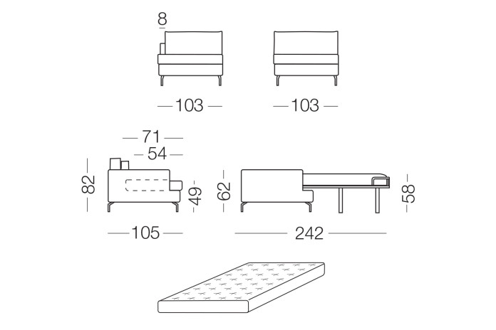 Dave double sofa bed with chaise longue, high feet and cushions in feather-foam mix