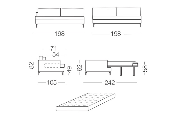 Dave double sofa bed with chaise longue, high feet and cushions in feather-foam mix