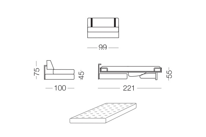 The sofa bed can be completed with an headrest cushion, decorative cushions and an ottoman