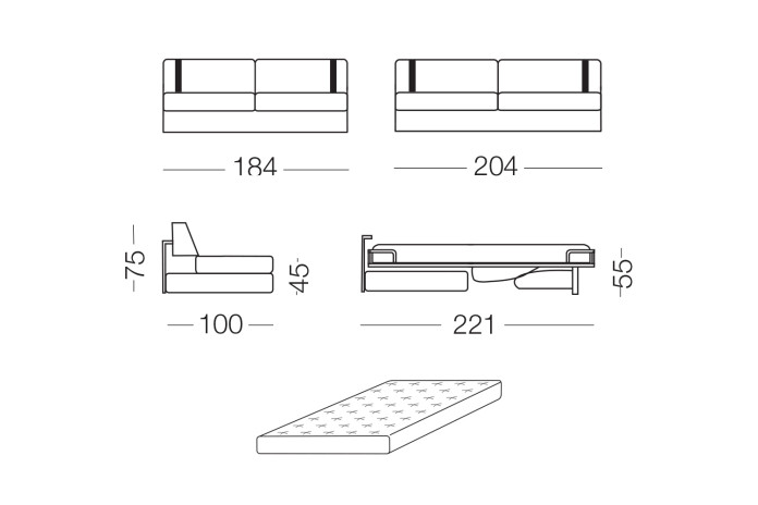 The sofa bed can be completed with an headrest cushion, decorative cushions and an ottoman