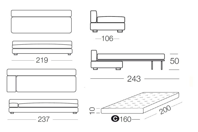 Rufus - 3-seater sofa bed, measurements