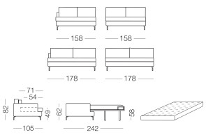 Dave double sofa bed with chaise longue, high feet and cushions in feather-foam mix