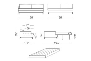 Dave double sofa bed with chaise longue, high feet and cushions in feather-foam mix