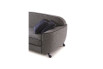 Detail of curved metal legs, rounded armrest and backrest reminiscent of a 40-50s design