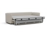 The sofa bed integrates a transverse sleeping surface with reduced depth 
