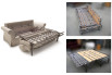 As a standard the armchair is equipped with a steel mesh base (on the left). As an alternative it is possible to choose a bed base with wooden slats (the two images on the right).