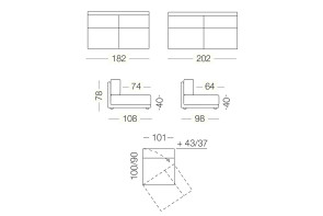 Dennis - module 3 places pivotant pour canapé, dimensions